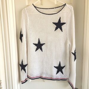 Crochet Open White Knit Blue Star Patchwork Long Sleeve Cover Up Top